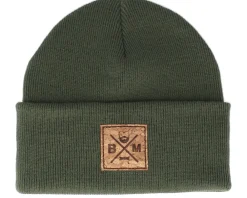 Cuff Beanies-Bearded Man Bm Cross Patch Olive Green Beanie -