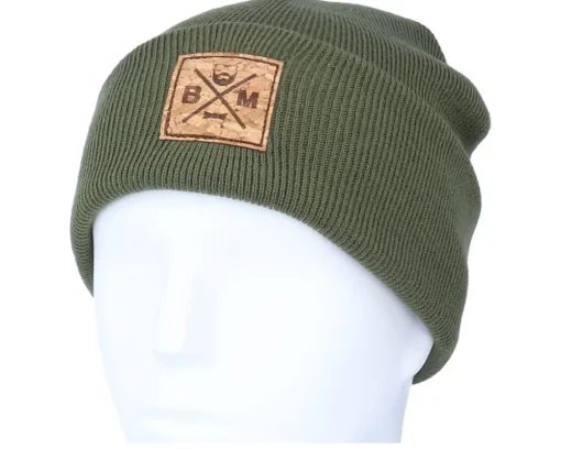 Cuff Beanies-Bearded Man Bm Cross Patch Olive Green Beanie -