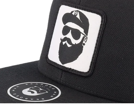 Snapback-Bearded Man Cap Man Woven Patch Snapback - Black