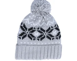 New Beechfield Fair Isle Snowstar® Beanie Light /Black/Off White Pom - Grey