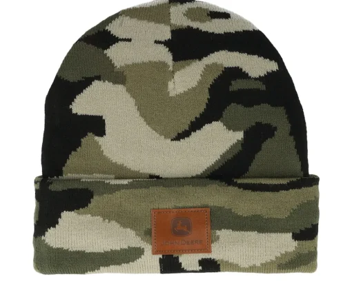 Cuff Beanies-John Deere Fake Leather Patch Knit Beanie Camouflage Cuff -