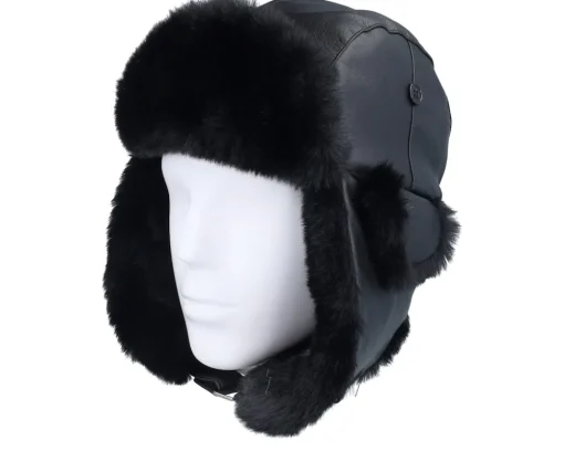 New MJM Hats Faux Leather Black/Black Trapper -
