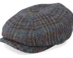Flat Caps-Stetson Hatteras Harris Tweed Brown/Navy Flat Cap -