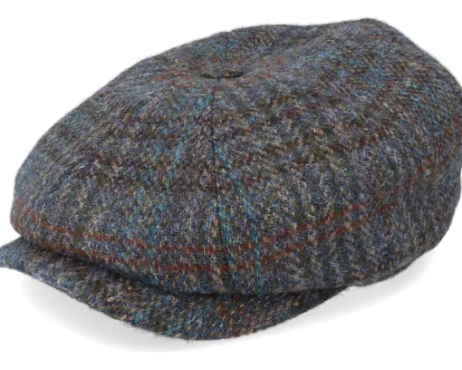 Flat Caps-Stetson Hatteras Harris Tweed Brown/Navy Flat Cap -