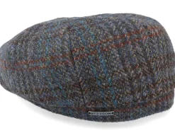 Flat Caps-Stetson Hatteras Harris Tweed Brown/Navy Flat Cap -
