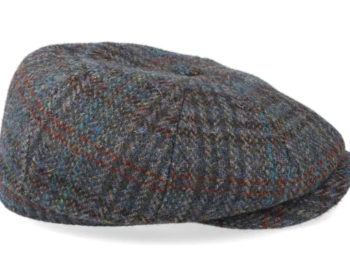 Flat Caps-Stetson Hatteras Harris Tweed Brown/Navy Flat Cap -