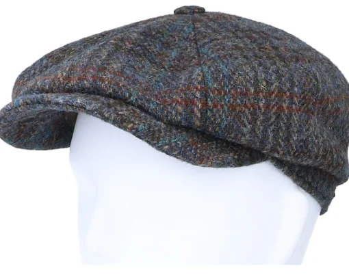 Flat Caps-Stetson Hatteras Harris Tweed Brown/Navy Flat Cap -