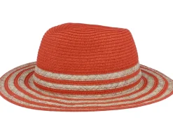 Hot Seeberger In Stripy Design Terracotta-Sand Fedora Straw Hat -