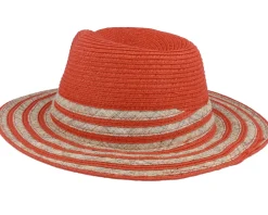 Hot Seeberger In Stripy Design Terracotta-Sand Fedora Straw Hat -