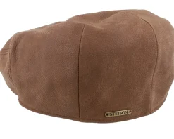 Flat Caps-Stetson Kent Calf Leather Brown Flat Cap -