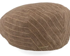 Flat Caps-Stetson Kent Linen Pinstripe Brown Flat Cap -