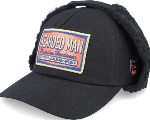 Dad Cap | Earflap-Bearded Man Logo Patch Red/Blue Golfer Cotton Earflap - Black