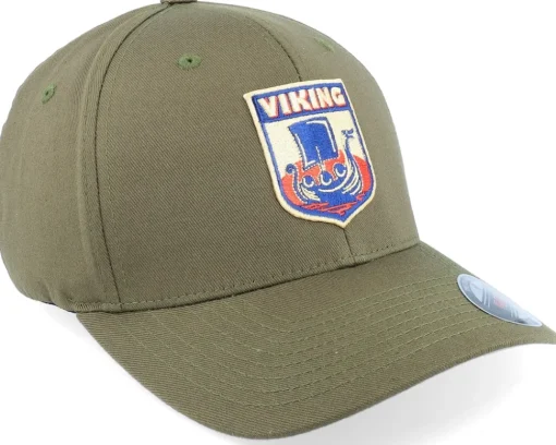 New Vikings Longboat Shield Patch Olive Green Flexfit -