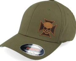 Flexfit-Born To Ride Maltese Cross Skull Brown Patch Olive Flexfit -