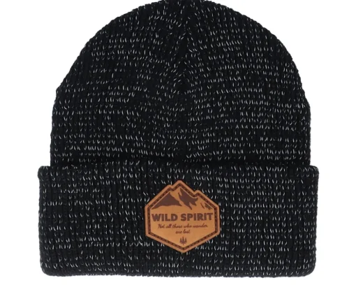Cuff Beanies-Wild Spirit Mountain Shape Patch Brown/Reflective Black Beanie -
