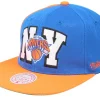 Snapback-Mitchell & Ness New York Knicks Rear Script Deadstock Nba Royal Orange Snapback -
