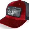 Trucker | Velvet Caps-Bearded Man Outlaw With Revolver Velvet /Black A-Frame Trucker - Red