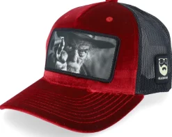 Trucker | Velvet Caps-Bearded Man Outlaw With Revolver Velvet /Black A-Frame Trucker - Red