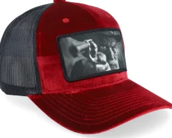 Trucker | Velvet Caps-Bearded Man Outlaw With Revolver Velvet /Black A-Frame Trucker - Red