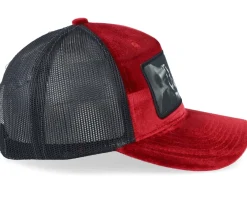 Trucker | Velvet Caps-Bearded Man Outlaw With Revolver Velvet /Black A-Frame Trucker - Red