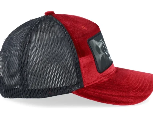 Trucker | Velvet Caps-Bearded Man Outlaw With Revolver Velvet /Black A-Frame Trucker - Red