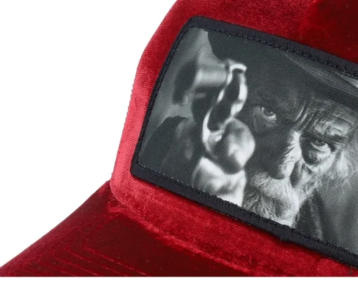 Trucker | Velvet Caps-Bearded Man Outlaw With Revolver Velvet /Black A-Frame Trucker - Red