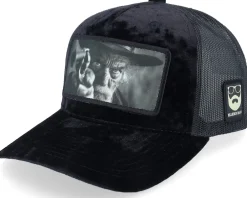 Trucker | Velvet Caps-Bearded Man Outlaw With Revolver Velvet /Black A-Frame Trucker - Red