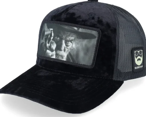 Trucker | Velvet Caps-Bearded Man Outlaw With Revolver Velvet /Black A-Frame Trucker - Red
