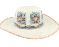 Straw Hat | Sun Hat-Seeberger Paper Crochet Floppy Flower White/Light Blue Sun Hat -