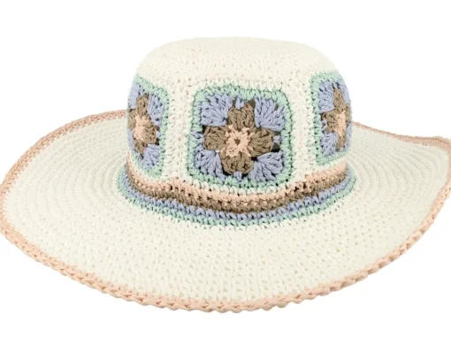 Straw Hat | Sun Hat-Seeberger Paper Crochet Floppy Flower White/Light Blue Sun Hat -