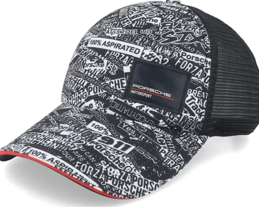 Motor-Porsche Motorsport Quoted All Over Print Black Trucker -
