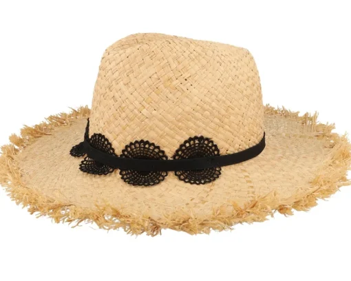 Straw Hat-Seeberger Raffia With Lace Trimmi Natural/Black Straw Fedora -