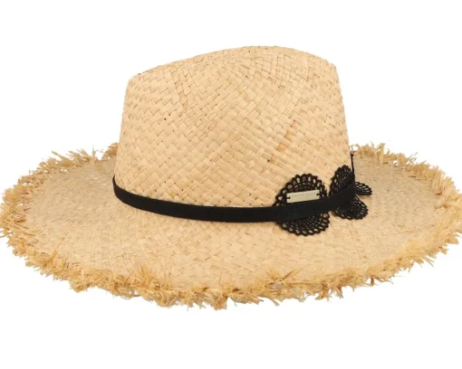 Straw Hat-Seeberger Raffia With Lace Trimmi Natural/Black Straw Fedora -