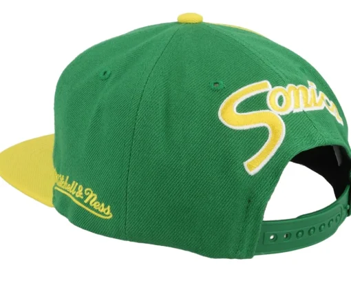 Snapback-Mitchell & Ness Seattle Supersonics Rear Script Deadstock Green/Gold Snapback -