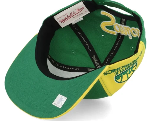 Snapback-Mitchell & Ness Seattle Supersonics Rear Script Deadstock Green/Gold Snapback -