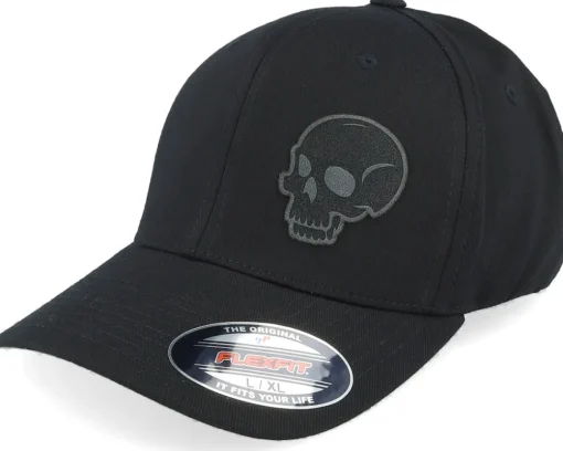 Discount Iconic Skull Engraved Wooly Combed Black Flexfit -