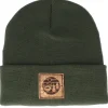 Cuff Beanies-Bearded Man Sunset Logo Patch Olive Green Beanie -