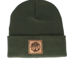 Cuff Beanies-Bearded Man Sunset Logo Patch Olive Green Beanie -