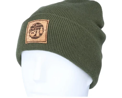 Cuff Beanies-Bearded Man Sunset Logo Patch Olive Green Beanie -