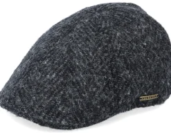 Flat Caps-Stetson Texas Duck Shape Texas Herringbone Black Flat Cap -