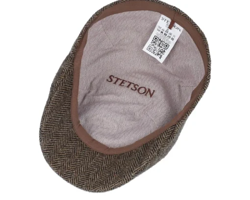 Flat Caps-Stetson Texas Wool Herringbone Brown Flat Cap -