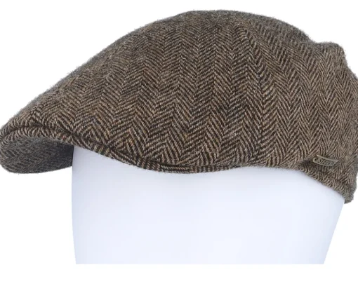 Flat Caps-Stetson Texas Wool Herringbone Brown Flat Cap -