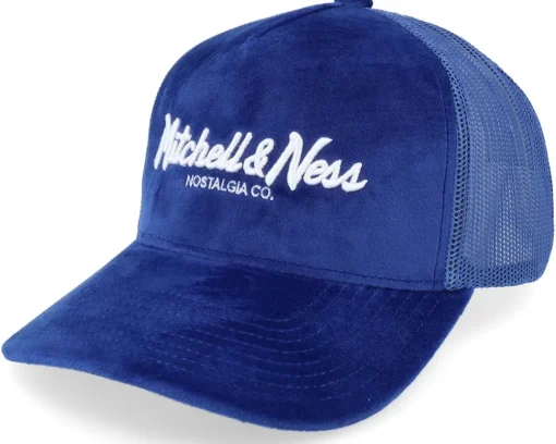 Trucker-Mitchell & Ness Velvet Pinscript Blue A-Frame Trucker -